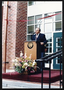 Newton Free Library, 330 Homer St., Newton, MA. Dedication, 9/15/1991. Mayor Mann at podium