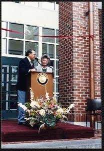 Newton Free Library, 330 Homer St., Newton, MA. Dedication, 9/15/1991. Mayor Mann at podium with D. Reichard