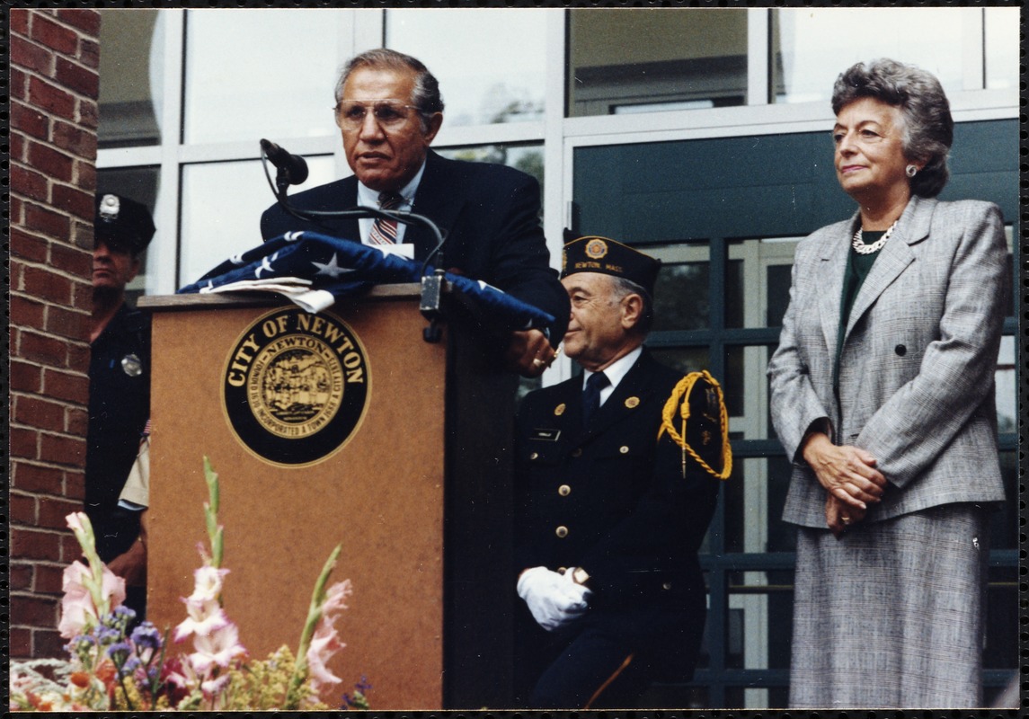 Newton Free Library, 330 Homer St., Newton, MA. Dedication, 9/15/1991. Mayor Mann at podium