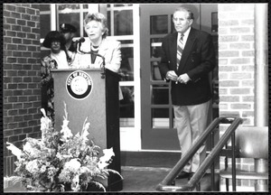 Newton Free Library, 330 Homer St., Newton, MA. Dedication, 9/15/1991. Dorothy Reichard at podium