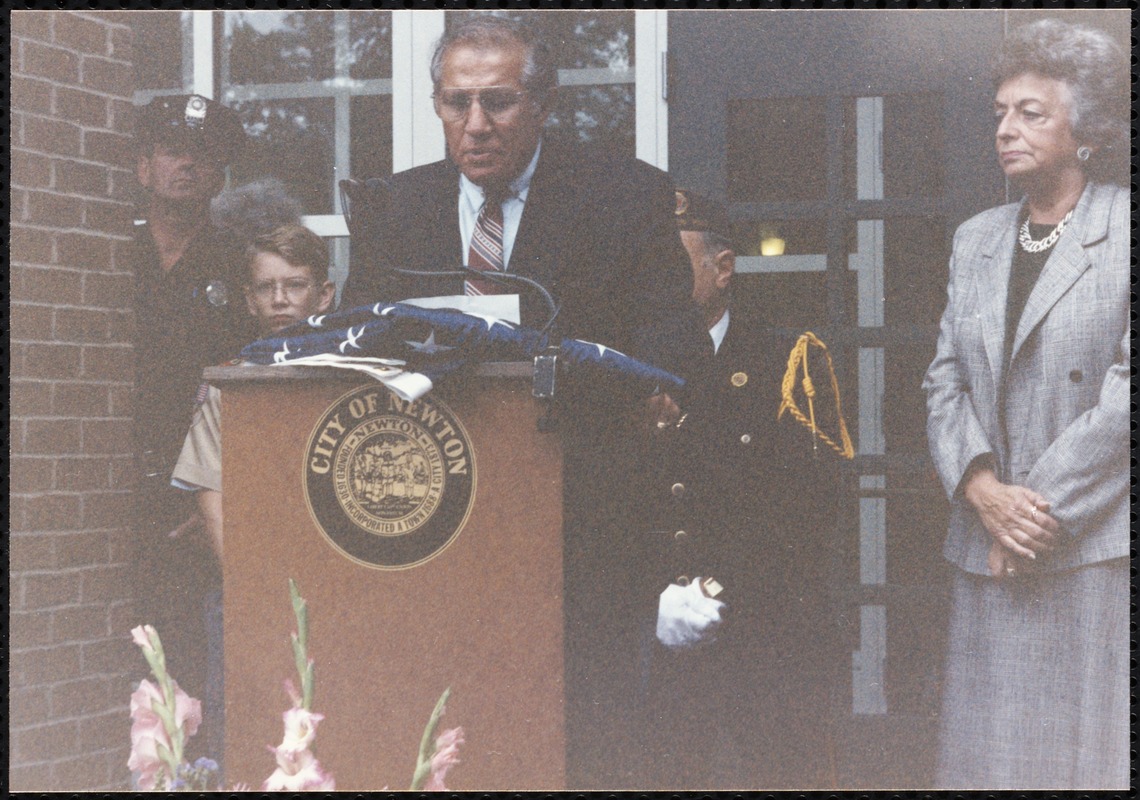 Newton Free Library, 330 Homer St., Newton, MA. Dedication, 9/15/1991. Mayor Mann at podium