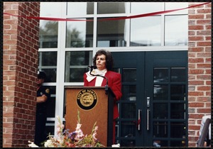 Newton Free Library, 330 Homer St., Newton, MA. Dedication, 9/15/1991. Rabbi Emily Lipof at podium