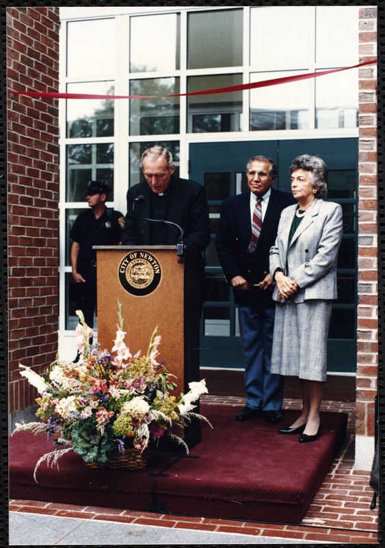 Newton Free Library, 330 Homer St., Newton, MA. Dedication, 9/15/1991. Rev. Casey at podium