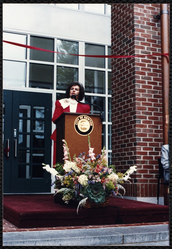 Newton Free Library, 330 Homer St., Newton, MA. Dedication, 9/15/1991. Rabbi Emily Lipof at podium