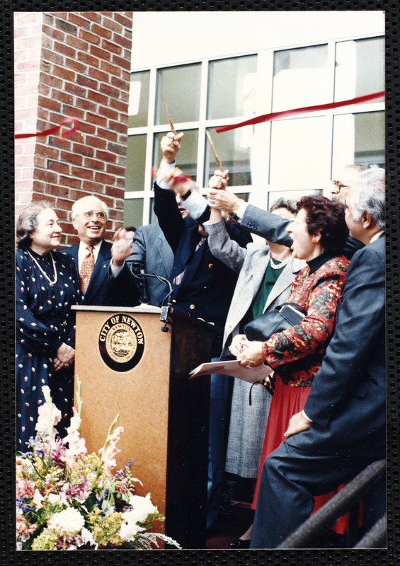 Newton Free Library, 330 Homer St., Newton, MA. Dedication, 9/15/1991. Ribbon cutting - mayor & trustees