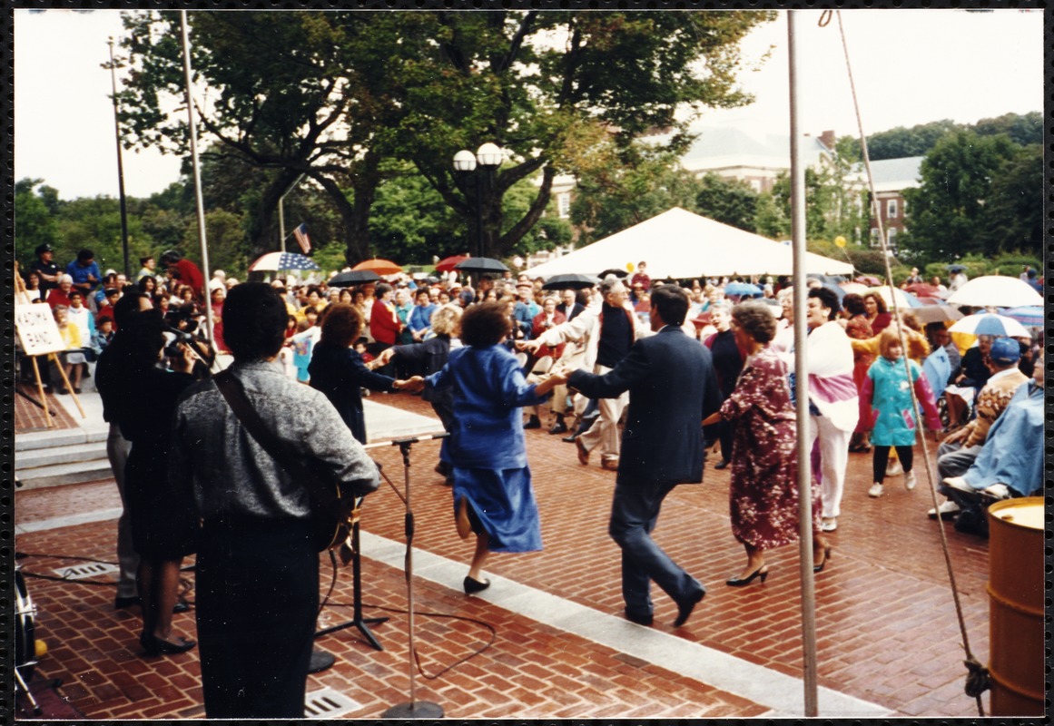 Newton Free Library, 330 Homer St., Newton, MA. Dedication, 9/15/1991. Audience dancing