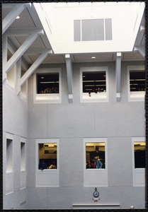 Newton Free Library, 330 Homer St., Newton, MA. Dedication, 9/15/1991. Interior library shots. Looking up in atrium