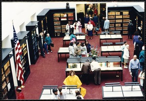 Newton Free Library, 330 Homer St., Newton, MA. Dedication, 9/15/1991. Interior library shots. Looking down in atrium