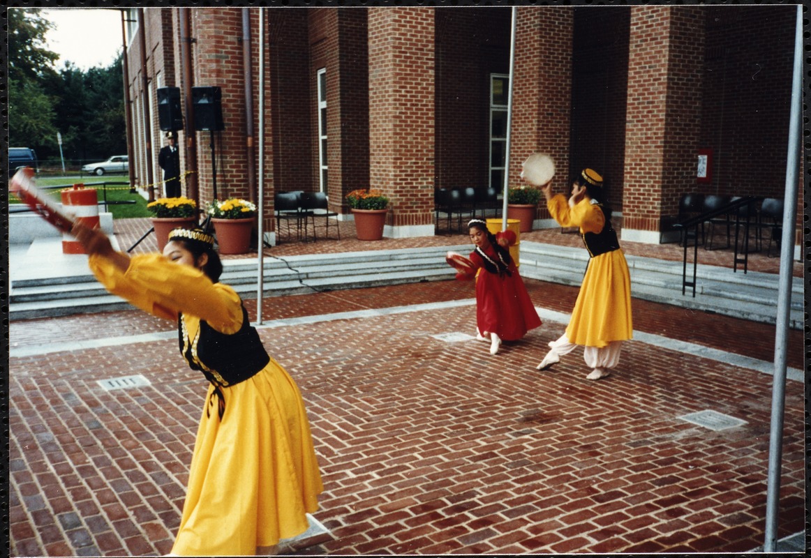 Newton Free Library, 330 Homer St., Newton, MA. Dedication, 9/15/1991. Performers. 3 Chinese dancers performing