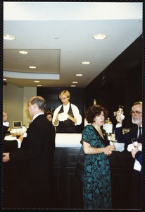 Newton Free Library, 330 Homer St., Newton, MA. 9/14/1991 gala preview, the evening before opening. Guests at circulation desk