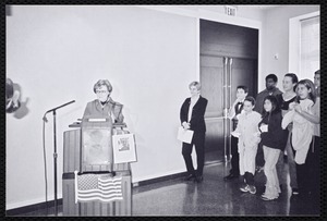 Newton Free Library, 330 Homer St., Newton, MA. 10th anniversary. Sandy Butzel at podium