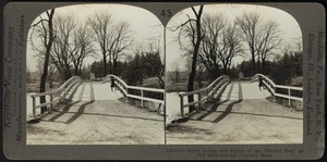 North bridge and the statue of the "Minuteman" on old battleground, Concord, Mass.
