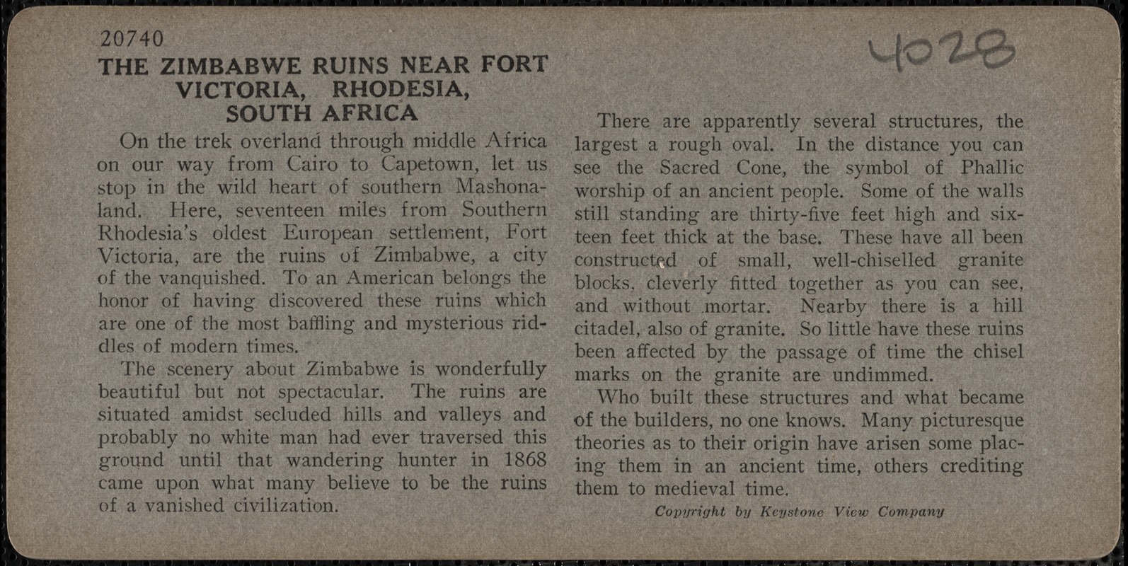 The Zimbabwe ruins near Fort Victoria, Rhodesia, South Africa