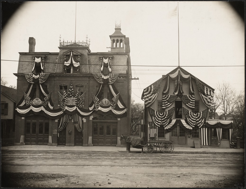 Fire station, Washington St., decorated for Brookline bicentennial