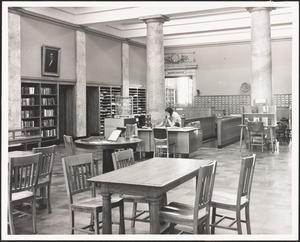 Public Library, Readers Advisor desk. Mary Kelley, Loan Dept. supv.