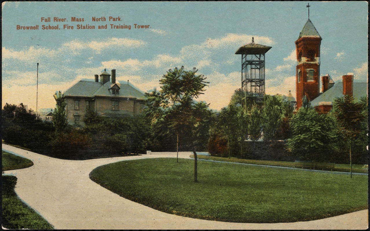 Fall River, Mass. North Park, Brownell School, fire station and training tower