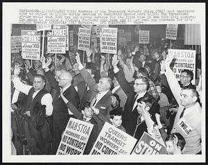 New York- Members of the Transport Workers Workers Union (TWU) cast unanimous vote to strike on 1/1/64 during meeting at Manhattan Center here 12/29. The threatened strike would shut down bus and subway service for the first time in New York City history. The union is seeking a 32-hour, four-day work week and 15 per cent pay increase for it's 28,000 Transit Authority (TA) workers.