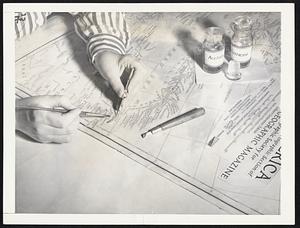 War Increases Map-Makers' Work. Hours of painstaking work go into the making of National Geographic Society maps used by the Army, Navy, governmental agencies and others. The hands shown pasting names on an original draft of a map of North America in this picture belong to Ann McTigue, draftsman. By coincidence she is pasting the name "Martinique" to the map to indicate the location of the French-owned Island in the Caribbean Sea over which the United States has expressed concern since the rise of Pierre Laval to control in France