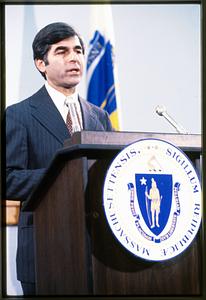 Boston: 1983 - State Hs - Gov. Mike Dukakis at a news conference