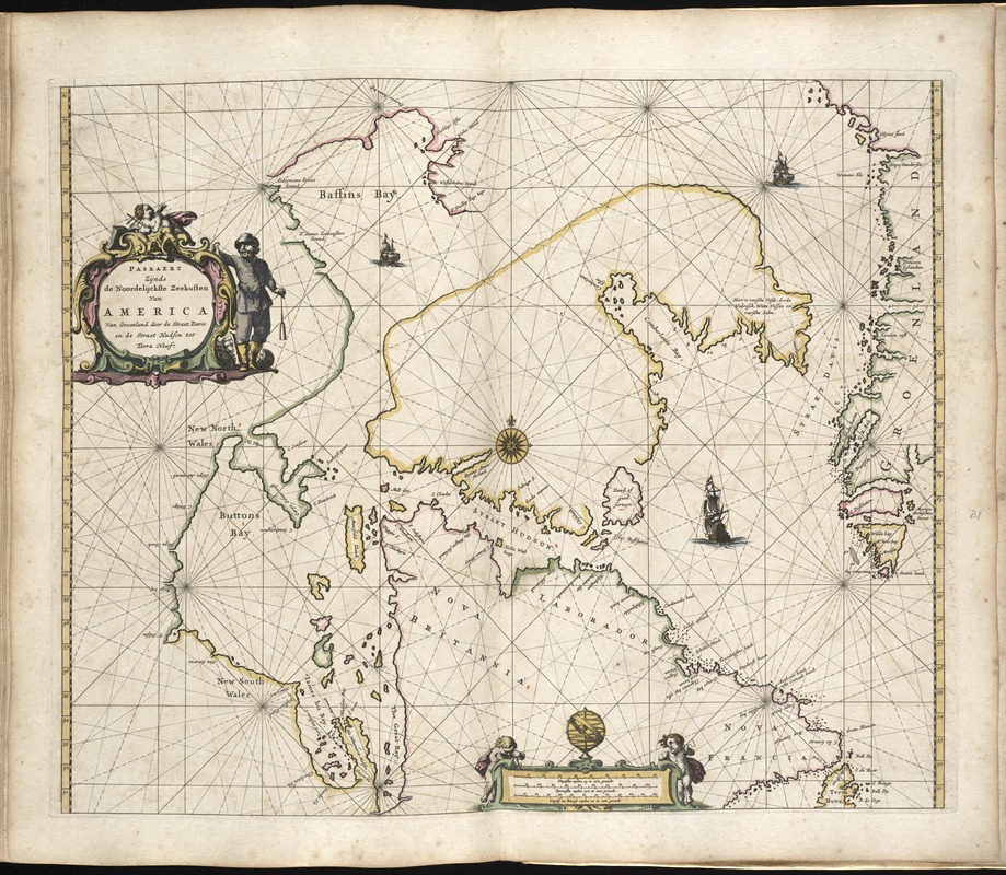 Paskaerte Zÿnde de Noordelijckfte Zeekuften van America van Groenland door de Straet Davis en de Straet Hudson tot Terra Neuf