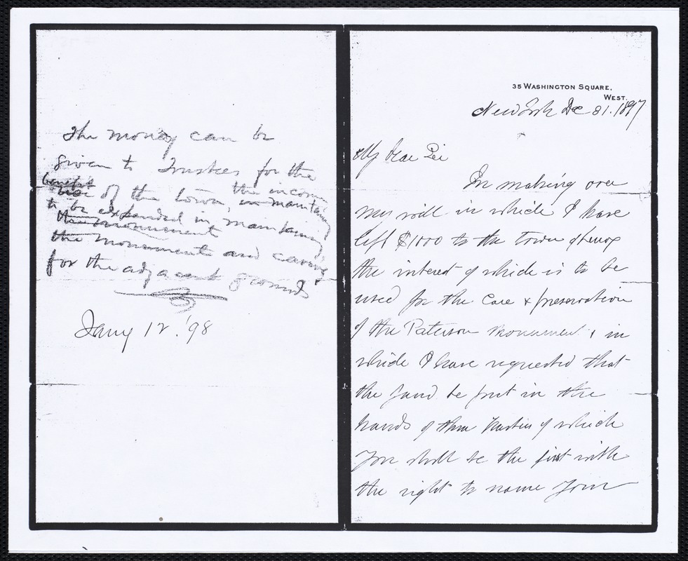 Copy of original letter from Prof. Thomas Egleston to Wm. Curtis regarding the establishment of a trust for the care and maintenance of the Paterson-Egleston Monument