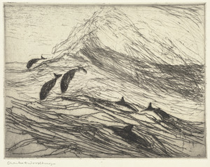 Porpoises with breaking wave