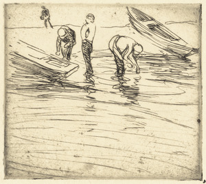 Three fishermen on shore