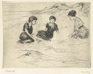 Three women on beach/spotted dress