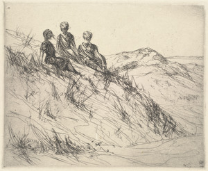 Three women seated on dunes