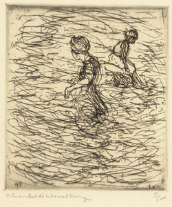 Two bathers in rough water
