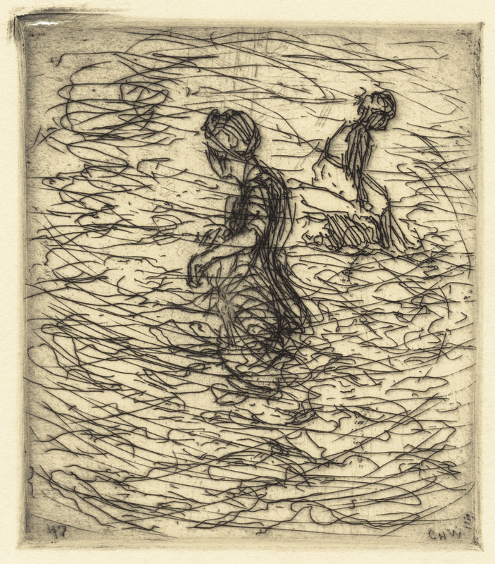 Two bathers in rough water