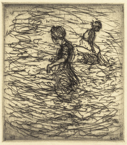 Two bathers in rough water