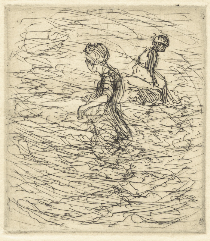 Two bathers in rough water