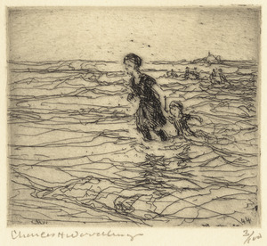 Woman and child in the surf