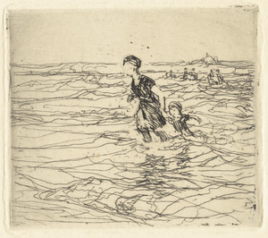 Woman and child in the surf