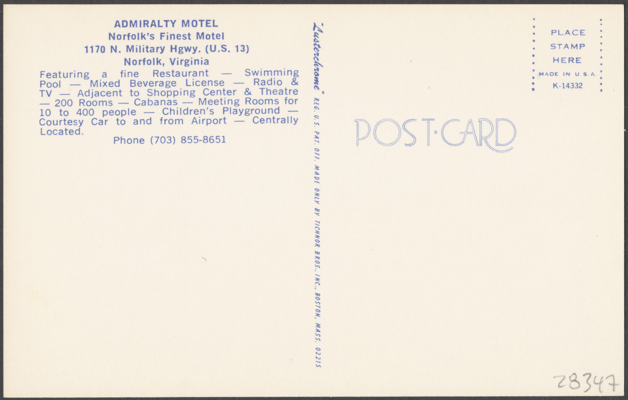 Admiralty Motel, Norfolk's finest motel, 1170 N. Military Hgwy. (U.S. 13) Norfolk, Virginia