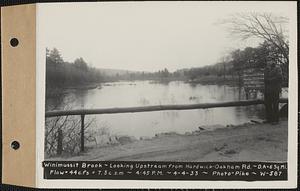 Winimussit [Winimusset] Brook, looking upstream from Hardwick-Oakham Road, drainage area = 6 square miles, flow 44 cubic feet per second = 7.3 cubic feet per second per square mile, New Braintree, Mass., 4:45 PM, Apr. 4, 1933