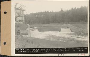 Ware River, dam at Intake Works, drainage area = 98 square miles, flow = 1140 cubic feet per second = 11.6 cubic feet per second per square mile, Barre, Mass., 1:45 PM, Apr. 13, 1934