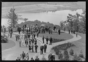 Winsor Memorial during dedication ceremony, crowd dispersing, Administration Road, overlooking Winsor Dam, Quabbin Reservoir, Mass., June 17, 1941