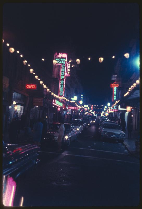 Night view down street, San Francisco, California