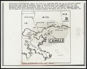 At 11:00 p.m. (midnight EDT) the eye of Hurricane Camille was located just south of Gulfport, Miss. at latitude 30.3 N and longitude 89.1 W., and moving due north at about 15 m.p.h. Tides of 15 to 20 feet were expected along the coast. Hurricane force winds, estimated at more than 150 m.p.h. near the center, extended outward for 60 miles and gale force winds extended outward 180 miles from the eye.