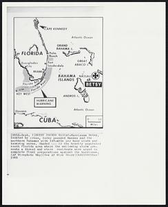 Betsy Pounds Nassau -- Hurricane Betsy, located by cross, today pounded Nassau and the northern Bahamas with 140-mile per hour winds and towering waves. Shaded is the heavily populated south Florida area where the wallowing storm presents a threat and where residents were urged to complete final preparations against the hurricane.