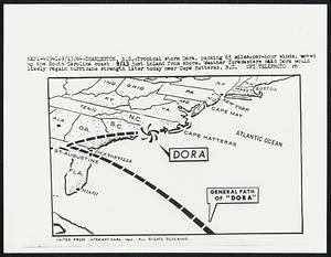 Tropical storm Dora, packing 65 miles-per-hour winds, moved up the South Carolina coast 9/13 just inland from shore. Weather forecasters said Dora would likely regain hurricane strength later today near Cape Hatteras, N.C.