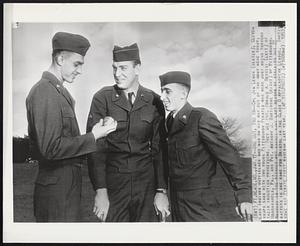 One Out, Two In -- Cpl Jim Lemon (center), Cleveland Indians outfielder who was on his way out of the Army here today, swaps gags with two young Pittsburgh Pirates who were just going through their induction processing. They are Pvt. Ronald A. Necciai (left) of Monongahela, Pa., and Pvt. Anthhony J. Bartirome (right) of Pittsburgh. Necciai is the pitcher who gained game last season by striking out 27 batters in one game for Bristol in the Class D Appalachian League. Bartirome was Pirate first baseman last year.