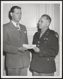 First Ticket for the Civil Air Patrol show at Beverly, Sept. 28 and 29, is presented to Gov. Tobin by Lt.-Col. Kenneth M. Rose, commander of the CAP's Massachusetts Wing. Military aircraft, including a jet P-80, are booked for the air show.
