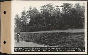 Contract No. 56, Administration Buildings, Main Dam, Belchertown, looking easterly at slope opposite east gate to courtyard, Belchertown, Mass., Sep. 29, 1938