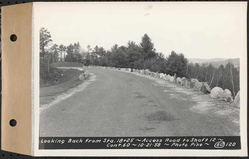 Contract No. 60, Access Roads to Shaft 12, Quabbin Aqueduct, Hardwick and Greenwich, looking back from Sta. 18+25, Greenwich and Hardwick, Mass., Oct. 21, 1938