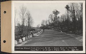 Contract No. 60, Access Roads to Shaft 12, Quabbin Aqueduct, Hardwick and Greenwich, looking ahead from Sta. 96+00, Greenwich and Hardwick, Mass., Oct. 31, 1938