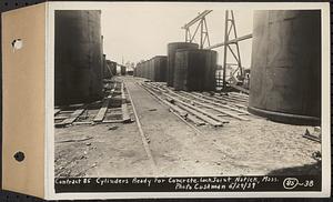 Contract No. 85, Manufacture and Delivery of Precast Concrete Steel Cylinder Pipe, Southborough, Framingham, Wayland, Natick, Weston, cylinders ready for concrete, Natick, Mass., May 29, 1939