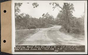 Contract No. 106, Improvement of Access Roads, Middle and East Branch Regulating Dams, and Quabbin Reservoir Area, Hardwick, Petersham, New Salem, Belchertown, looking ahead from Sta. 125+95, 11A road at left, East Branch access road, Belchertown, Mass., Sep. 19, 1940